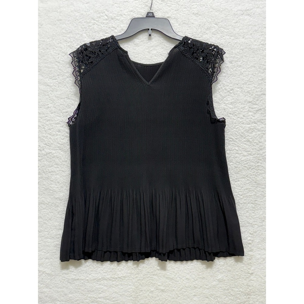Apt. 9 Black Ribbed Pleated Sleeveless‎ Top Lace Shoulders V-Neck Blouse XS